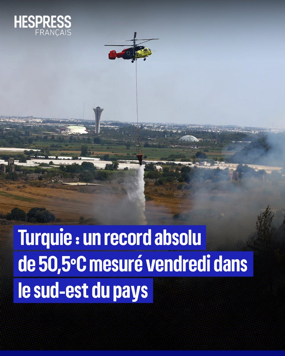 HespressFr's tweet image. Une température de 50,5°C a été mesurée vendredi dans le sud-est de la Turquie, un record absolu à l'échelle du pays, ont annoncé samedi les autorités.
"Selon les données de notre Direction générale de la météorologie, un record de température a été battu, avec 50,5°C à Silopi…
