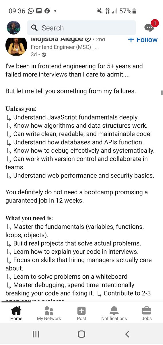 WhakeeSui's tweet image. I’m restarting a JavaScript course.
I know what you’re thinking . “Again?” 😅
But trust me, I have my reasons.
I saw this post by Mojisola Alegbe on  LinkedIn (second slide) and it hit hard.
The kind of frontend dev I want to become won’t come from rushing past the fundamentals.…