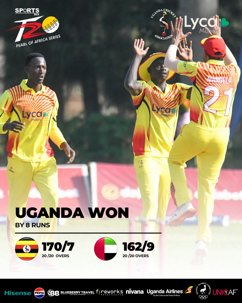 Result! 

Uganda defeat UAE by 8 runs to win the second edition of the #POAT20

Uganda 170/7 in 20 overs, UAE 162/9 in 20 overs 

Full match details: ugcricket.com/Uganda/viewSco…

#LycaConnectsCricket #POAT20