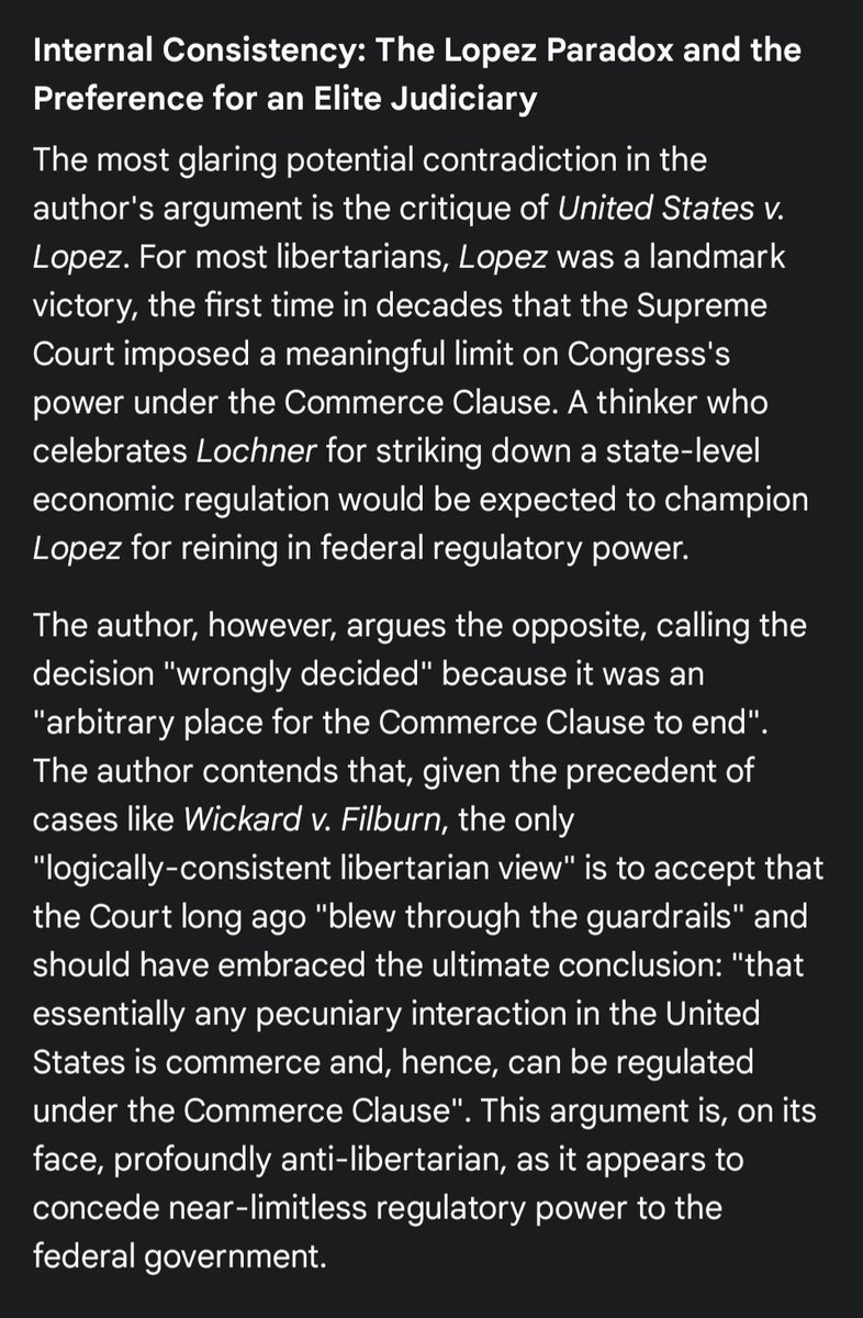 KarlMuth's tweet image. Wow!!
New version of Gemini (2.5 Pro w interim upgrades, deep res mode) notices a very tough subtlety in this libertarian argument (that it may be better to concede Lopez was wrongly decided than to continue to bask in its limitations on the Commerce Clause thirty years later).