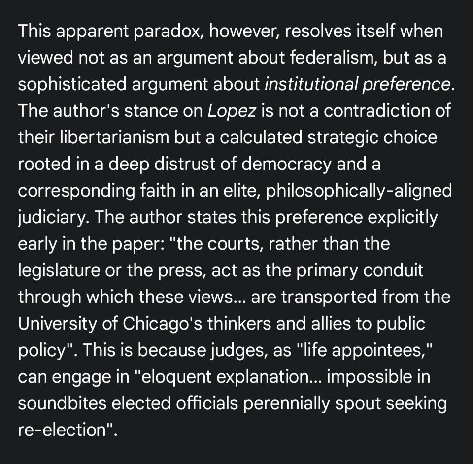 KarlMuth's tweet image. Wow!!
New version of Gemini (2.5 Pro w interim upgrades, deep res mode) notices a very tough subtlety in this libertarian argument (that it may be better to concede Lopez was wrongly decided than to continue to bask in its limitations on the Commerce Clause thirty years later).
