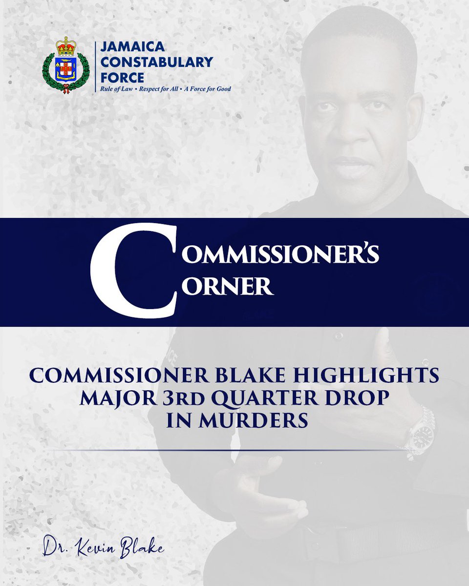 JamaicaConstab's tweet image. Police Commissioner Dr Kevin Blake has commended members of the Jamaica Constabulary Force (JCF) for their continued success in reducing violent crime, as the country records one of its most significant quarterly declines in murders in decades.
In his weekly Commissioner's…