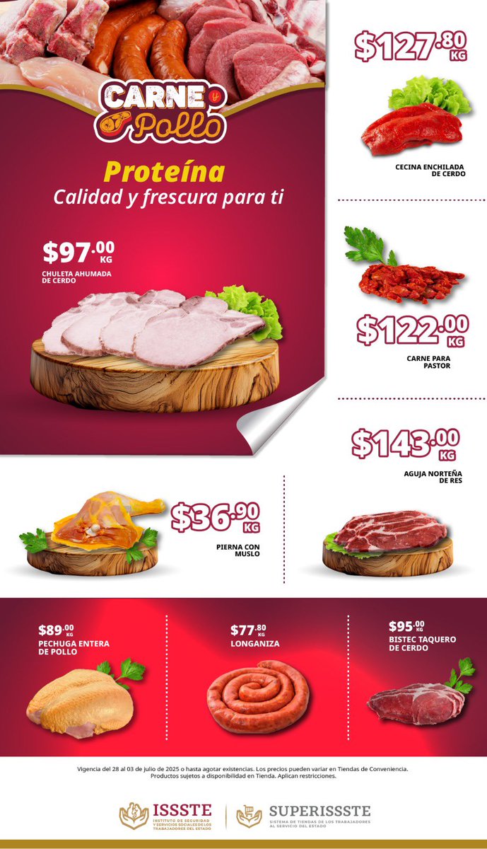 TUSUPERISSSTE's tweet image. 🍖🍗 Calidad, frescura y buen precio te esperan en la sección de carnes de #TiendasSUPERISSSTE 🛒💚
Desde el asado del domingo hasta la comida de diario… aquí encuentras justo lo que tu familia merece.
✨ ¡Compra inteligente, compra con cariño en #SUPERISSSTE!