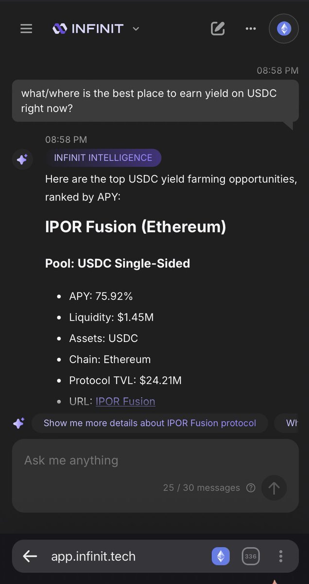 According to Infinit Intelligence by <a href="/Infinit_Labs/">INFINIT</a> 

Here are the top 2 USDC yield farming opportunities, ranked by APY:
1. IPOR Fusion (Ethereum)

Pool: USDC Single-Sided
•APY: 75.92%
•Liquidity: $1.45M
•Assets: USDC
•Chain: Ethereum
•Protocol TVL: $24.21M

2. Peapods