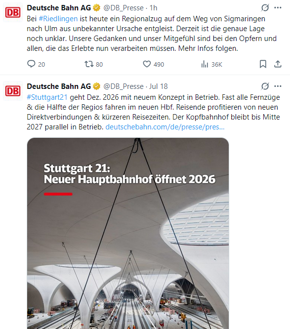 fluxusx's tweet image. Das sind die letzten beiden Tweets des offiziellen DB-Accounts. Finde das in dieser Kombination schon etwas unappettitlich.