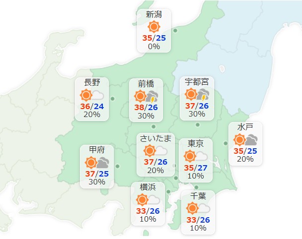 Yahoo_weather's tweet image. 東京地方は晴れるでしょう。最高気温は35℃の予想です。
あす29日も晴るでしょう。最低気温は26℃、最高気温は36℃の予想です。
7月最後の今週も猛烈な暑さが続きます。こまめな水分補給、エアコンを使うなど、熱中症対策をしっかりしてお過ごしください。