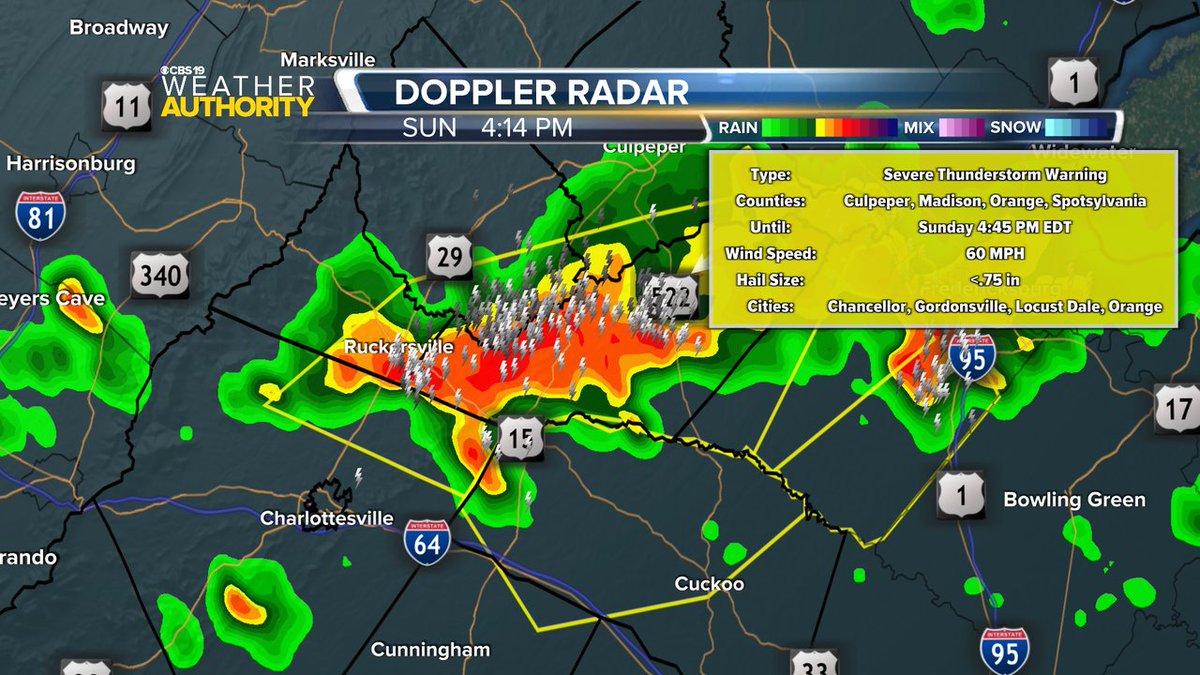 CBS19News's tweet image. A Severe Thunderstorm Warning is now in effect until Jul 27 4:45PM for the following counties: Albemarle, Spotsylvania, Greene, Orange, Madison, Culpeper. Damaging winds and hail are possible with these storms.