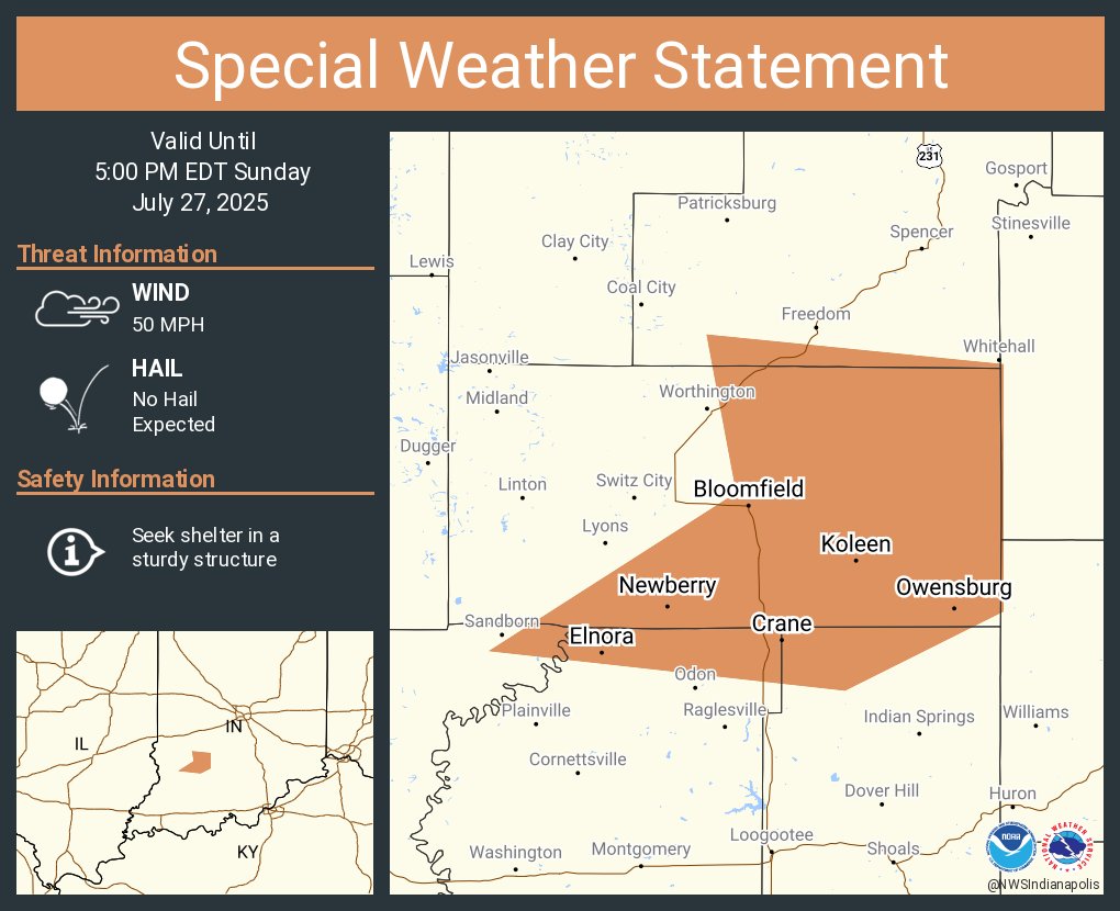 NWSIndianapolis's tweet image. A special weather statement has been issued for Bloomfield IN, Elnora IN and Owensburg IN until 5:00 PM EDT