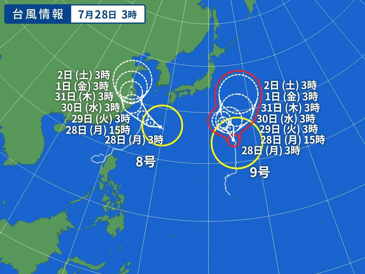 Yahoo_weather's tweet image. 🌀台風8号
東シナ海へと西よりに進む見込みです。28日は奄美と沖縄では、土砂災害、低い土地の浸水、河川の増水、高波に注意・警戒を。また、沖縄では28日昼前にかけて、線状降水帯が発生して大雨災害発生の危険度が急激に高まる可能性も
🌀台風9号…