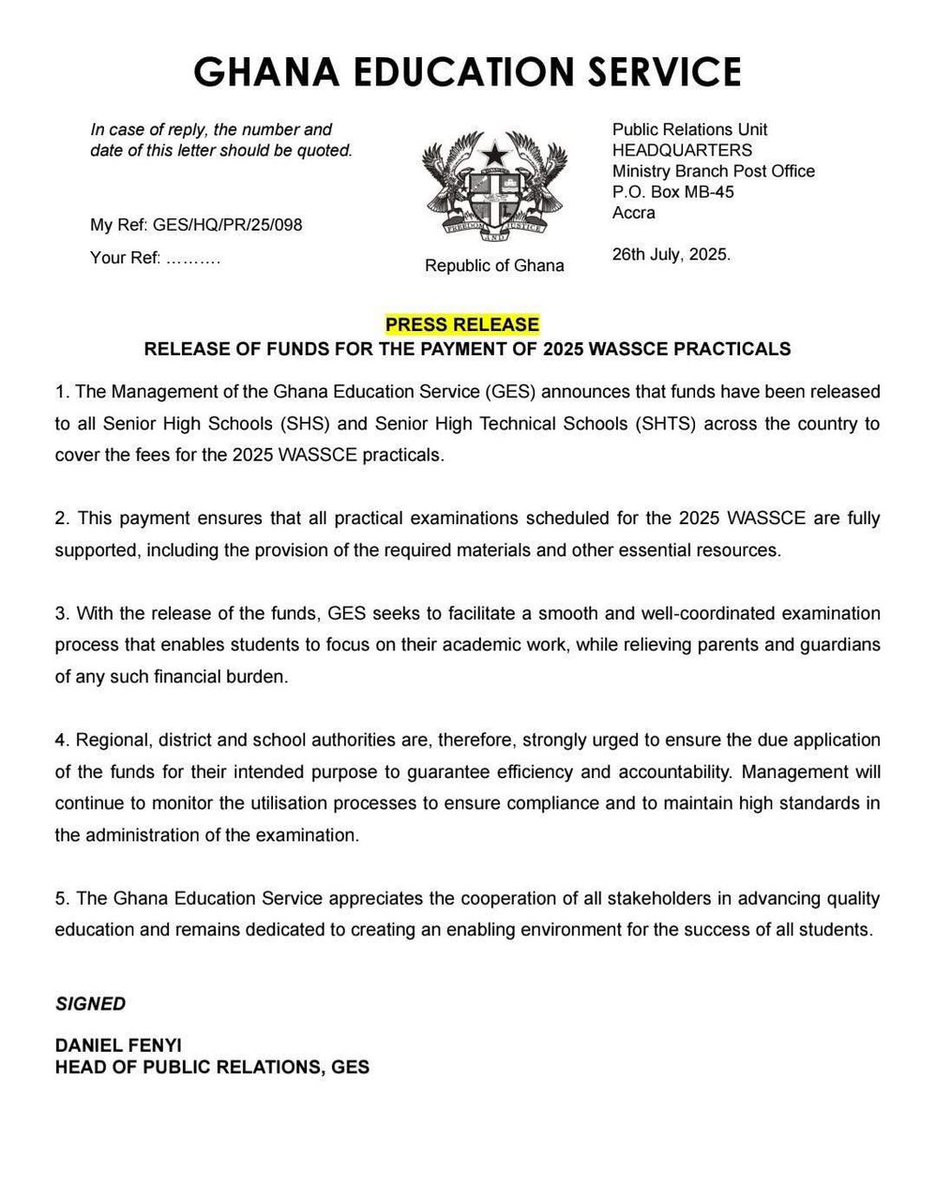 GbaligonR's tweet image. Hon. Haruna Iddrisu's leadership has enabled the Ghana Education Service to provide GHC 15,849,920 in funding for Senior High Schools and Technical Schools to cover 2025 WASSCE practical fees, underscoring the government's support for students and families.
#Harunaeffect
