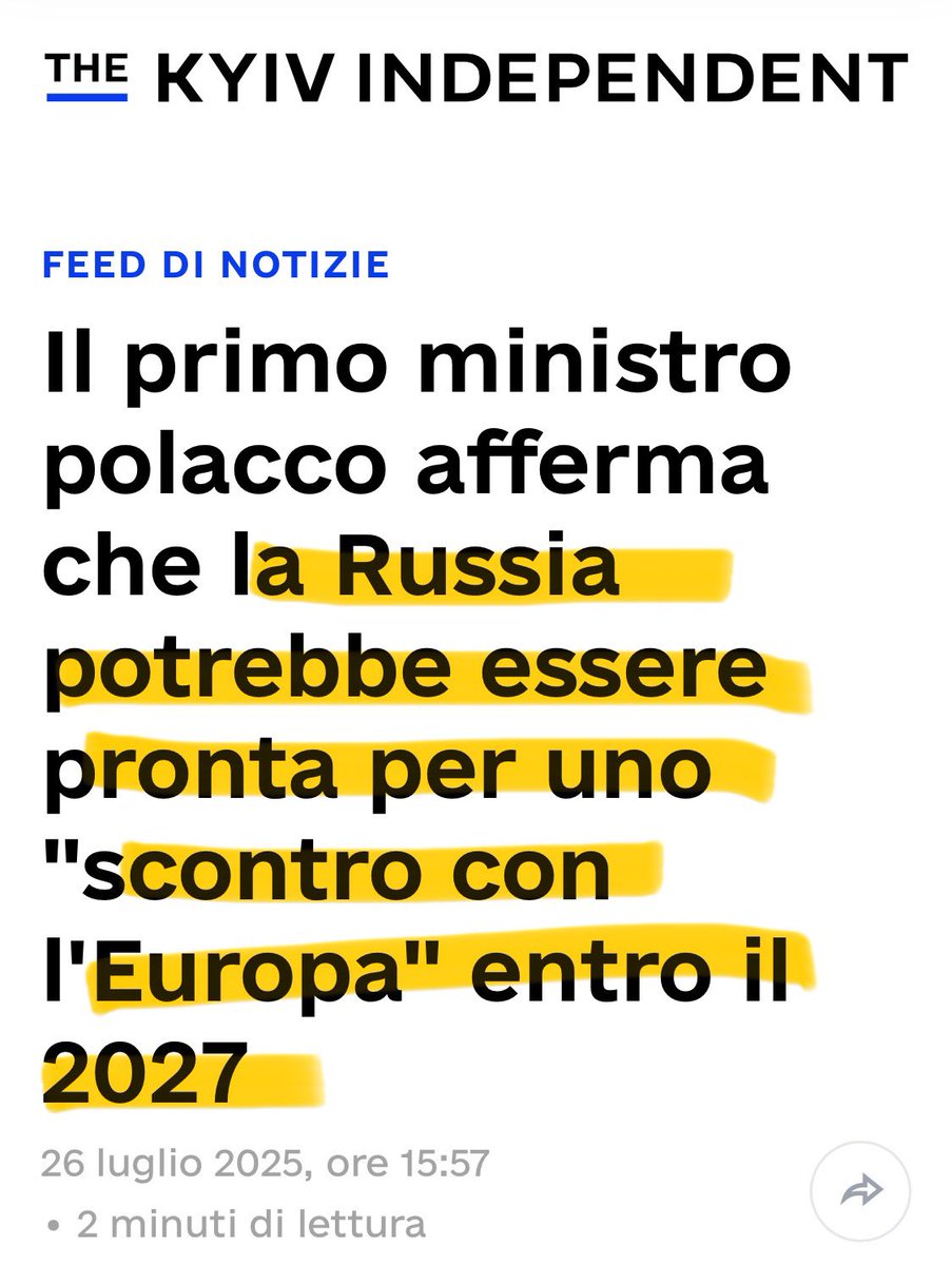 k_arsenale's tweet image. ALT FERMI TUTTI: pare che la Russia attacchi l’Europa entro il 2027, mentre l’#UE sarà riarmata solo per il 2030. Ci fingiamo morti per fregarli ??