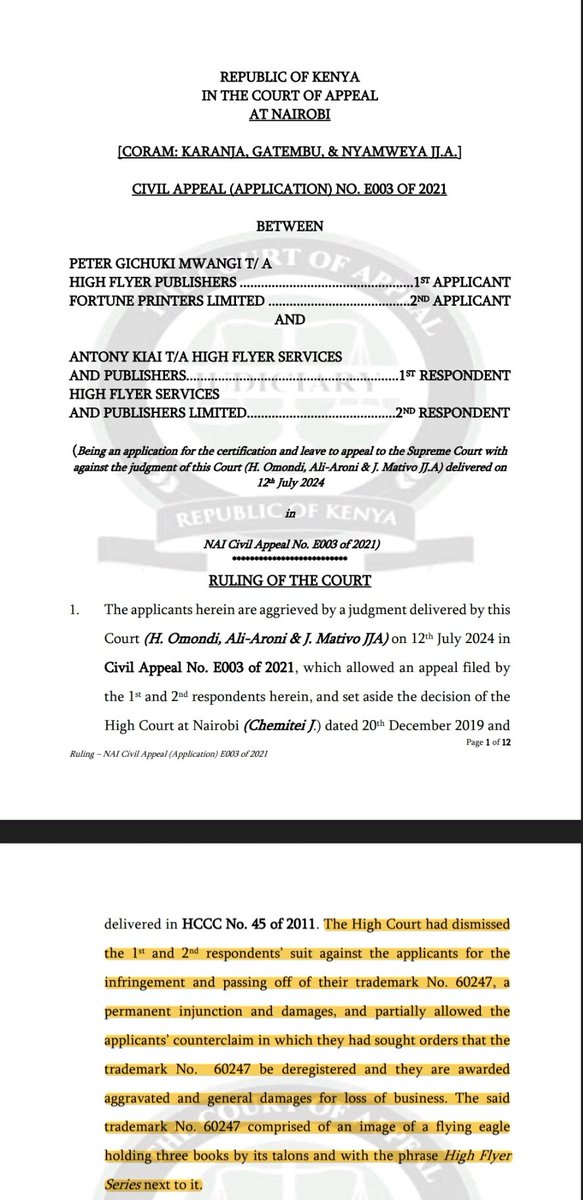 KensonMutethia's tweet image. I remember reading the infamous 'High Flyer Series' Trademark case for infringement of trademark & passing off for my Bar Exams. The Dispute has finally come to a still end after CoA refused to certify the intended Appeal to SCORK. CoA held that the law on Trademarks is settled.