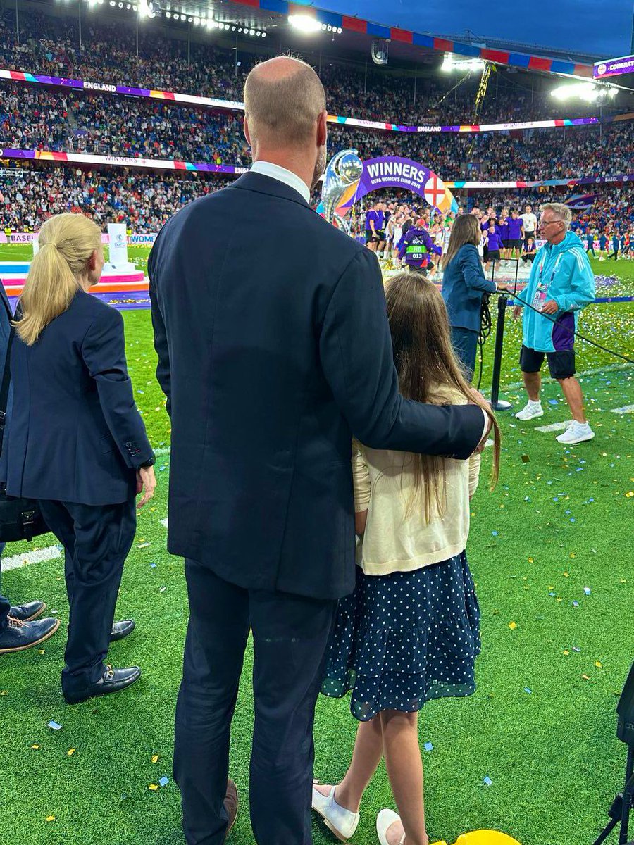 isaguor's tweet image. A lovely shot of the Prince of Wales and Princess Charlotte watching the Lionesses celebrate their EURO 2025 victory and title in Switzerland.