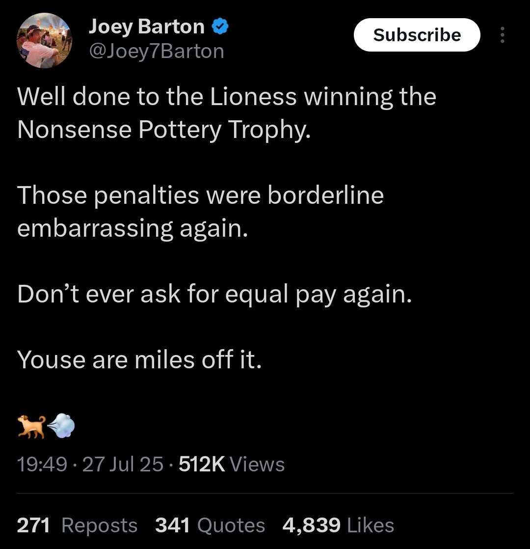 In case you're wondering, Joey Barton isn't coping well with the lionesses' victory...