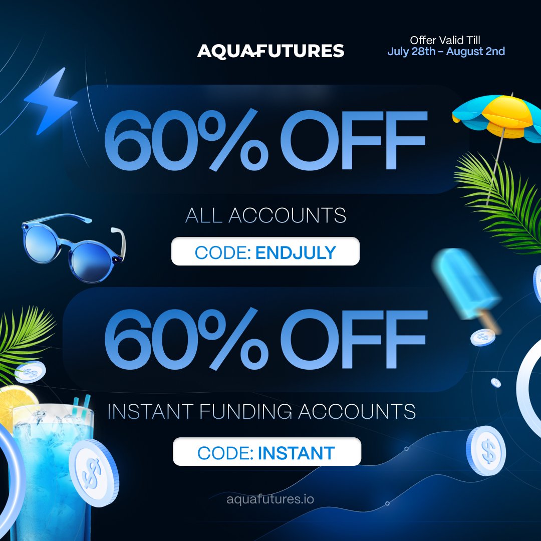 Aqua_Futures's tweet image. 60% OFF all accounts for a limited time only! 🌞
✅ No Activation Fees
✅ Instant Funding Available
✅ Rewards Guarantee - Rewards within 48 hours or receive an additional $100
✅ End of Day Drawdown
Get funded now at aquafutures.io
