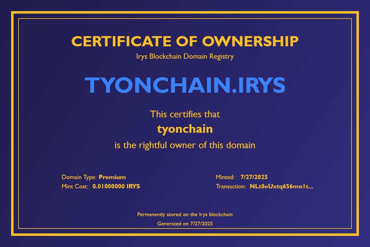 Ty_On_Chain's tweet image. Hirys from TYONCHAIN.IRYS
Just minted my domain on @irys_xyz via this took irysnameservice.xyz
TBH I secured 3 domains
- 2 standard domains &
- 1 premium domain
Mint yours now:
your name, your rules
Immutable. Affordable. Permanent
Powered by…