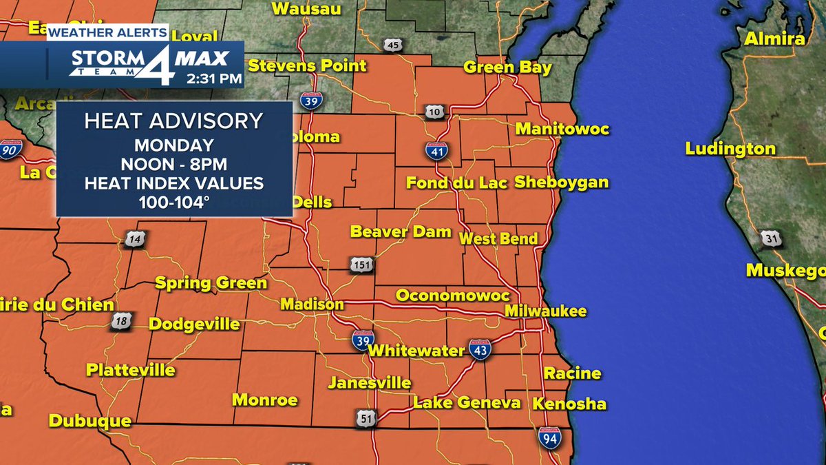 KristenWeather's tweet image. HEAT ADVISORY MONDAY -
The combination of hot temperatures and high humidity will cause heat index values to climb to over 100° on Monday.
Take necessary precautions to stay cool, check on relatives and neighbors, and take care of pets. #wiwx
