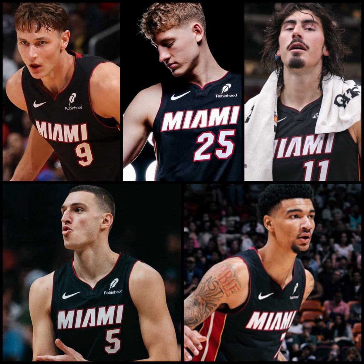 WadexFlash's tweet image. Kasparas Jakucionis
Pelle Larsson
Jaime Jaquez Jr
Nikola Jovic
Kelβel Ware
Excited to see how this young core grows next season, the potential is there with them.