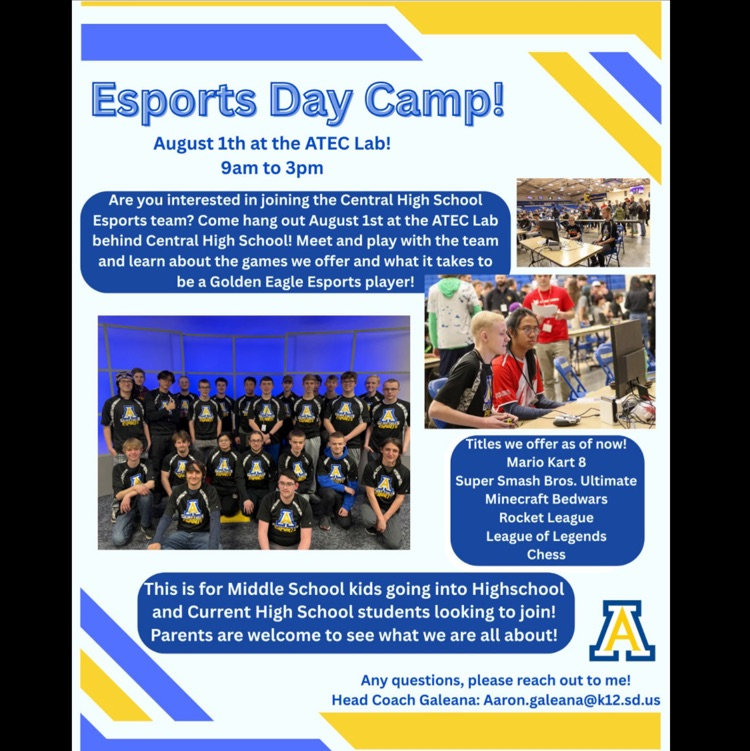 Central High School (@aberdeenchs) on Twitter photo ESPORTS will be holding a gaming camp Aug. 1st from 9am-3pm in the ATEC school. Contact Coach Aaron.galeana@k12.sd.us with any questions! This camp is open to all incoming 9-12 students interested in Esports. ESPORTS will be holding a gaming camp Aug. 1st from 9am-3pm in the ATEC school. Contact Coach Aaron.galeana@k12.sd.us with any questions! This camp is open to all incoming 9-12 students interested in Esports.
