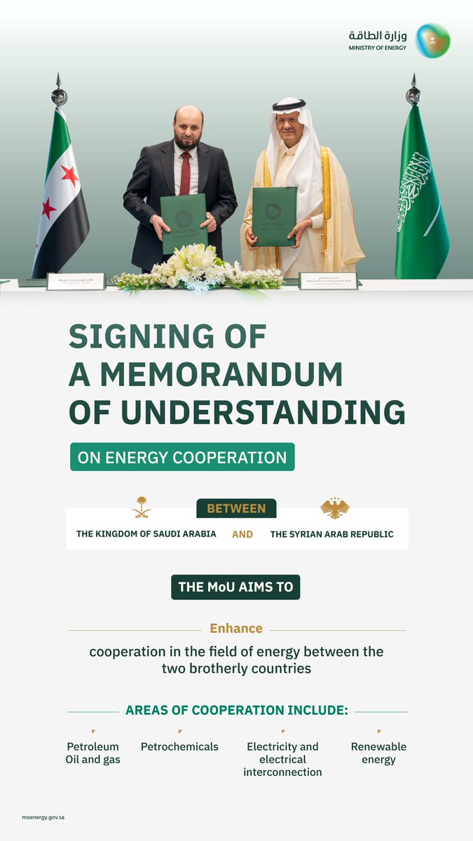 MoEnergy_Saudi's tweet image. HRH Minister of Energy signs a Memorandum of Understanding with the Syrian Minister of Energy, to enhance cooperation between the two brotherly countries in the energy sector.