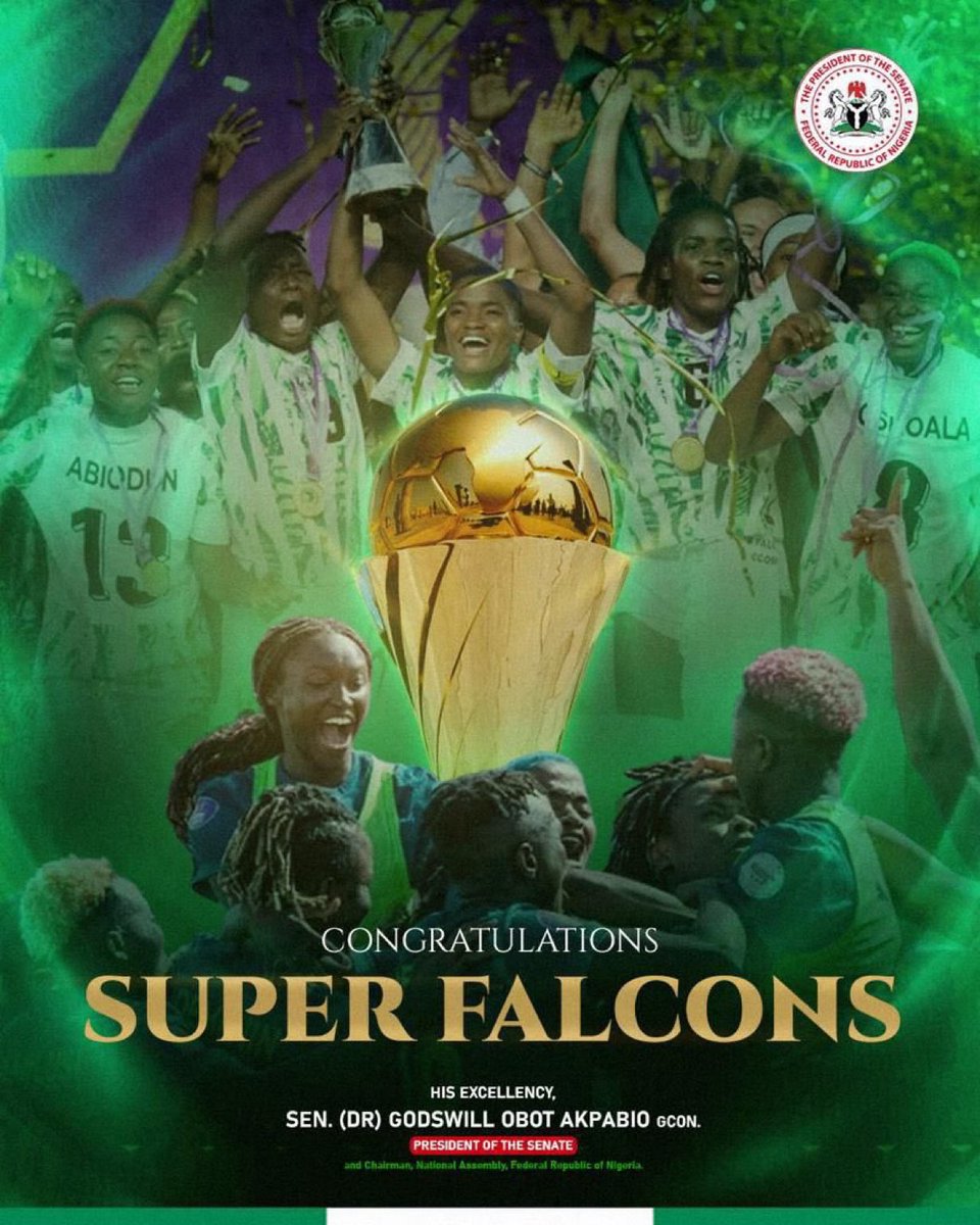 boiitzar's tweet image. Senate President, Senator Godswill Akpabio (@Senator_Akpabio) GCON, has praised the Super Falcons for their historic 10th Women’s African Cup of Nations (WAFCON) victory, following an exciting 3-2 comeback win against host nation Morocco on Saturday night.