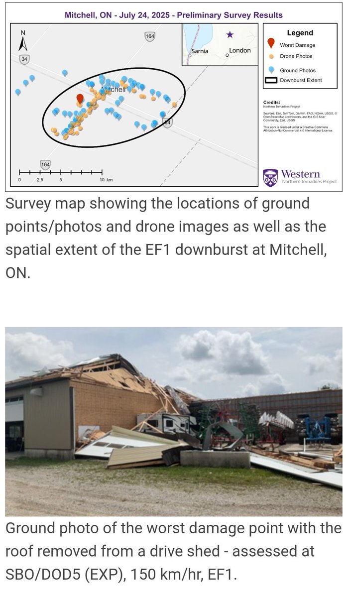 WxOntario (@wxontario1) on Twitter photo The <a href="/westernuNTP/">Northern Tornadoes Project 🇨🇦</a> has confirmed an EF-1 downburst hit the #Mitchell area on Thursday
Maximum winds of 150km/hr, 13km long and 8km wide!
More details 👇
uwo.ca/ntp/blog/2025/…
#OnWX #ONStorm The <a href="/westernuNTP/">Northern Tornadoes Project 🇨🇦</a> has confirmed an EF-1 downburst hit the #Mitchell area on Thursday
Maximum winds of 150km/hr, 13km long and 8km wide!
More details 👇
uwo.ca/ntp/blog/2025/…
#OnWX #ONStorm
