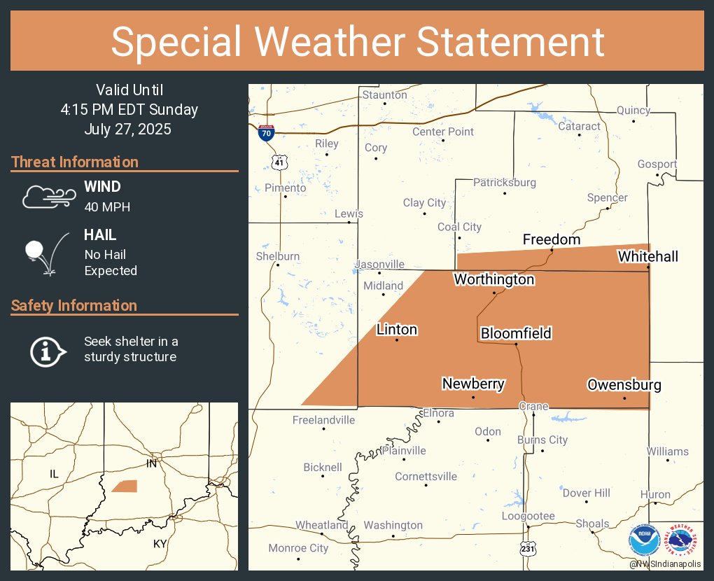 NWSIndianapolis's tweet image. A special weather statement has been issued for Linton IN, Bloomfield IN and Worthington IN until 4:15 PM EDT
