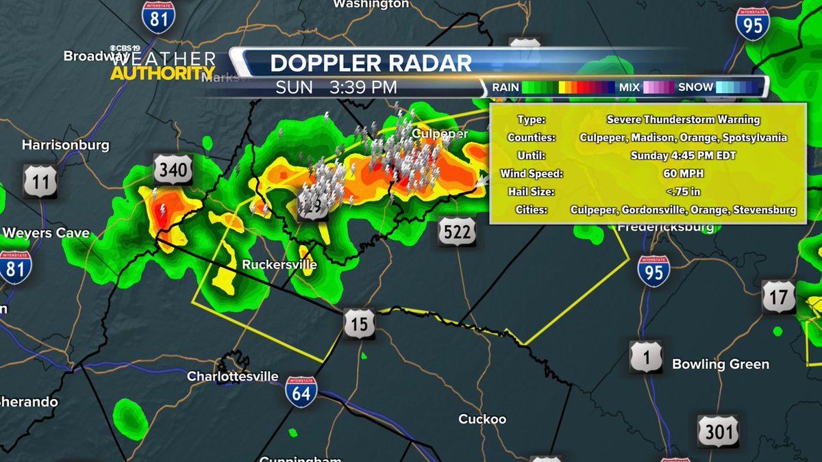 CBS19News's tweet image. A Severe Thunderstorm Warning is now in effect until Jul 27 4:45PM for the following counties: Culpeper, Albemarle, Spotsylvania, Greene, Orange, Madison. Damaging winds and hail are possible with these storms.
