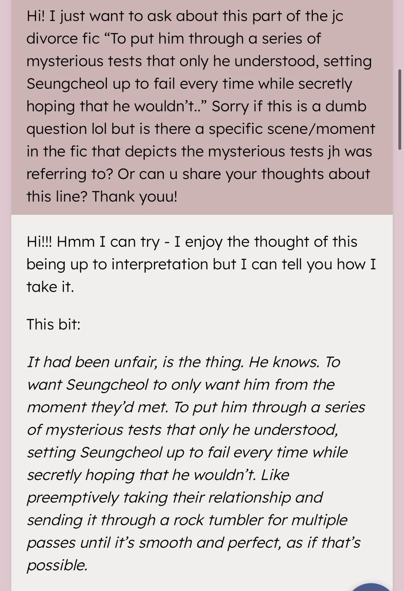 twomblying's tweet image. Hi! I just want to ask about this part of the jc divorce fic βTo put him through a series of mysterious tests that only he β¦ β Hi!!! Hmm I can try - I enjoy the thought of this being up to interpretation but I can tell you how I take it.
This bit:
It β¦ alterspring.org/@twomblying/a/β¦