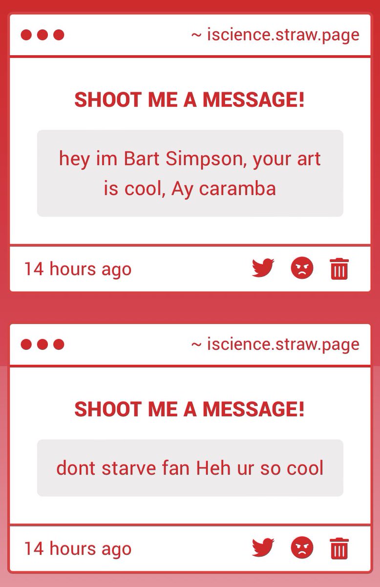 TEXTLOGS's tweet image. 1. OUGHHHHH SO ADORABLEEE LITTLE DANDY LION THAT IS SO CUTE
2. NOT ATM… ill make a tweet when dey reopen
3. THANK YOU MY GOAT BART SIMPSON
4. Heh. All dont starve fans interact heh. I love dst. heh. i love Wilson.

(btw may start formatting strawpage replies like dis more..)