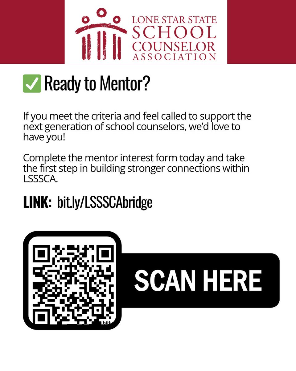 LSSSCA1's tweet image. ✨ Ready to inspire the next generation of school counselors? Become a LSSSCA Bridge Mentor! If you have 3+ years of experience &amp;amp; a passion for supporting others, we’d love to have you. 
📩 Apply &amp;amp; help us grow unstoppable momentum across TX!
bit.ly/LSSSCAbridge #LSSSCA