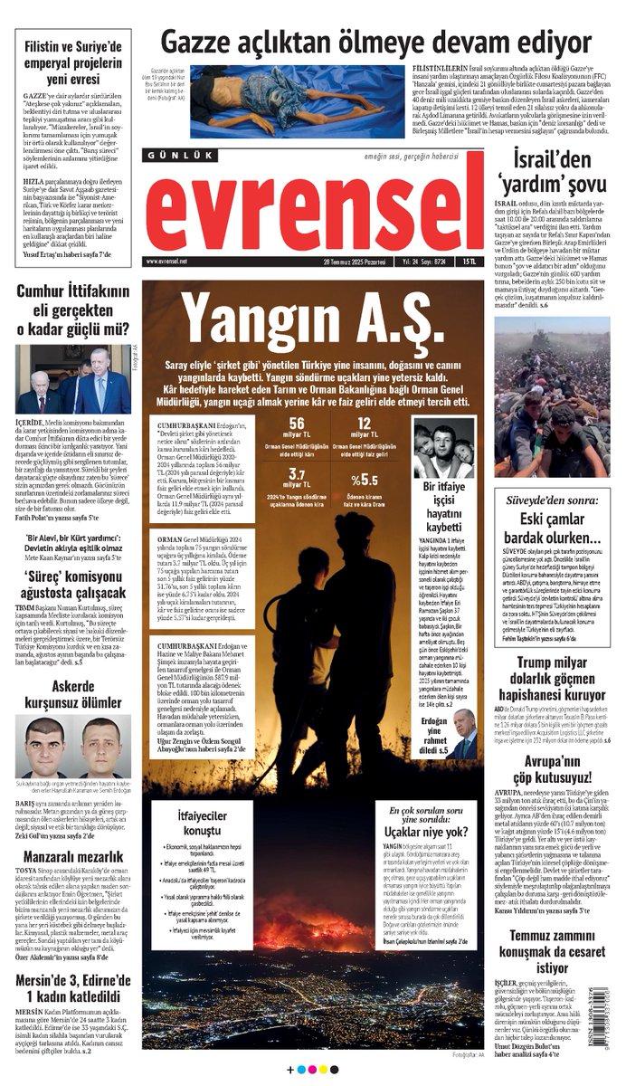 evrenselgzt's tweet photo. 🗞️Yangın A.Ş.

Saray eliyle ‘şirket gibi’ yönetilen Türkiye yine insanını, doğasını ve canını yangınlarda kaybetti. 

Yangın söndürme uçakları yine yetersiz kaldı.

Kâr hedefiyle hareket eden Tarım ve Orman Bakanlığına bağlı Orman Genel Müdürlüğü, yangın uçağı almak yerine kâr ve faiz geliri elde etmeyi tercih etti.

Evrensel yarın bayilerde