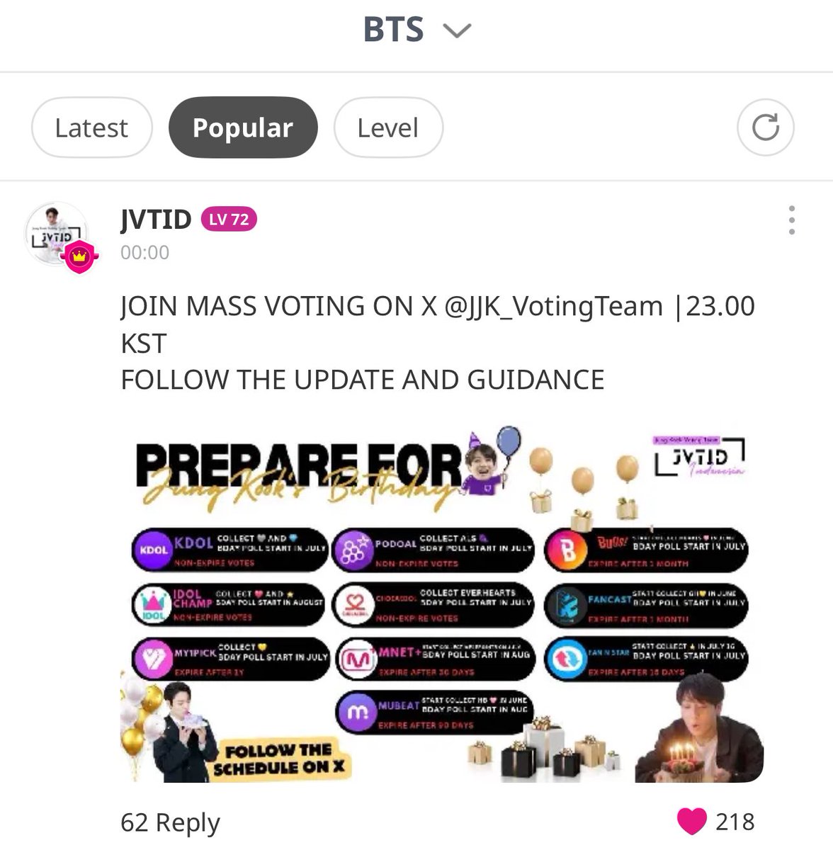 JJK_VotingTeam's tweet image. ⏰| IDOLCHAMP
Daily Checklist :
① Watch ads to play roulette and earn(❤️)
② 30 likes on your reply (20💙)
③ Attendance ad level bonus 💙
④ Collect (10⭐️)
⑤ Do daily & Relay quiz
➝ idol champ guide :
🔗 idolchampjvt.carrd.co
