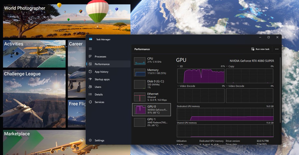 sleitnick's tweet image. Just the main menu of MSFS 2024 spikes my 4080 Super GPU to 80%. What on earth are they doing? The sim performs nice, but this is just ridiculous