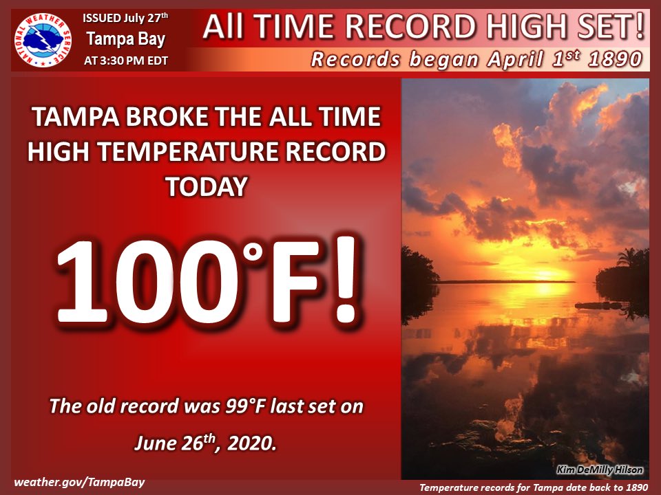 BrooksWeather's tweet image. This is BIG. 🔥 First time ever, Tampa reaches to the triple digit mark, since the 1890s when records were first kept. (7/27/2025)