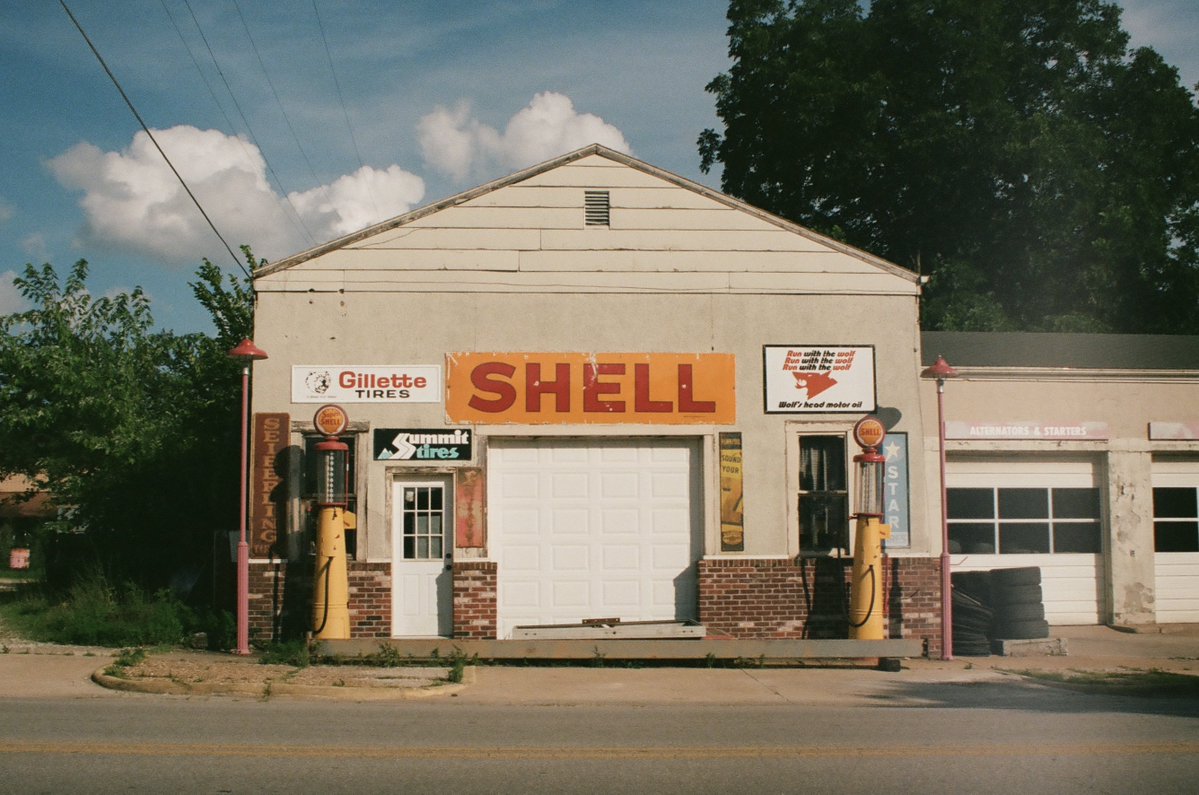 A Shell gas station in Richland, Missouri, taken on 35mm film with my 1965 Nikon Nikkormat
