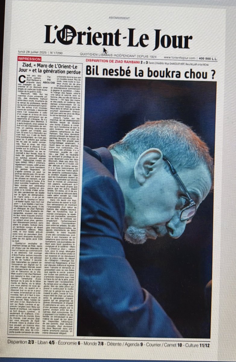 AnthonySamrani's tweet image. À ma connaissance, c’est la première fois que la manchette de @LOrientLeJour est en arabe. « Que va-t-il se passer demain ? », titre d’une pièce culte de l’immense #ziad_rahbani, à qui ce numéro est dédié.