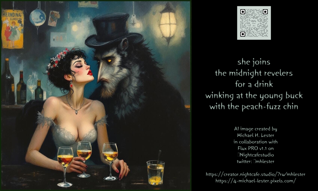mhlester's tweet image. she joins
the midnight revelers
for a drink
winking at the young buck
with the peach-fuzz chin
AI image created by
Michael H. Lester
in collaboration with
Flux PRO v1.1 on
@Nightcafestudio
creator.nightcafe.studio/?ru=mhlester
4-michael-lester.pixels.com