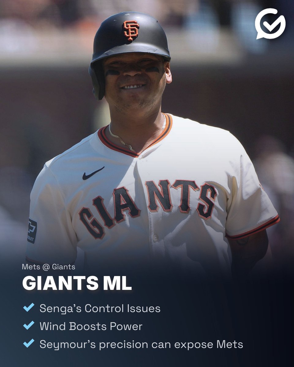 PicksOffice's tweet image. GIANTS POUNCE ON SENGA 💥
MLB: Mets @ Giants
Pick: Giants ML +110 | 1 unit
Why this hits 👇
The Giants are 28-22 at home and have the bullpen to protect a lead late. With hitters like Chapman and Ramos crushing the ball and a patient approach at the plate, this lineup is built…