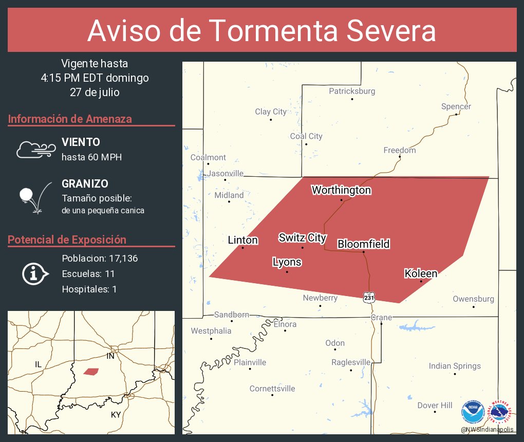 NWSIndianapolis's tweet image. Aviso de Tormenta Severa incluye Linton IN, Bloomfield IN, Worthington IN hasta las 4:15 PM EDT