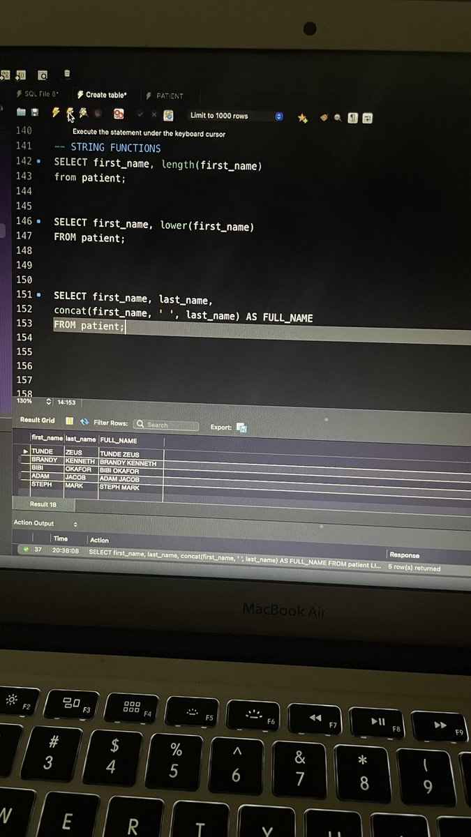 EzekulieJ's tweet image. DAY 35/60 LEARNING DATA ANALYSIS & A JOB.
SQL PHASE
STRING FUNCTION- this functions are used to manipulate, process, or extract information from string/text data in a database.
Examples are LENGTH, CONCAT, SUBSTRING, TRIM, LOWER, UPPER etc.
#SQL #60daysoflearningdataanalysis