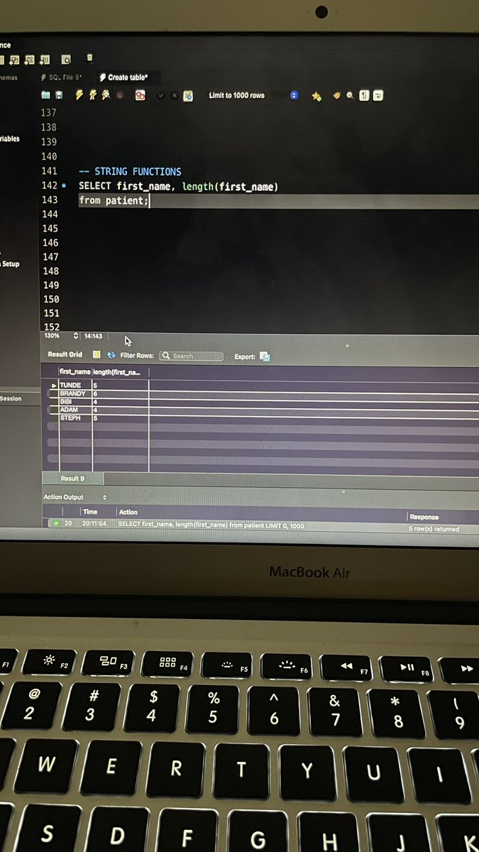 EzekulieJ's tweet image. DAY 35/60 LEARNING DATA ANALYSIS & A JOB.
SQL PHASE
STRING FUNCTION- this functions are used to manipulate, process, or extract information from string/text data in a database.
Examples are LENGTH, CONCAT, SUBSTRING, TRIM, LOWER, UPPER etc.
#SQL #60daysoflearningdataanalysis