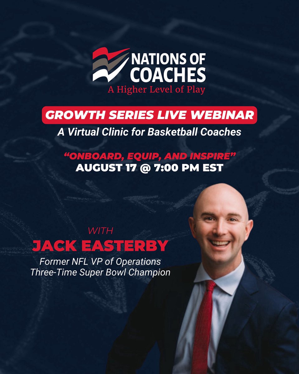 NationofCoaches's tweet image. Join us on 8/17 for a special Growth Series LIVE Webinar featuring Jack Easterby, former NFL Executive as he shares powerful insights on how great leaders are always onboarding! Register now: form.jotform.com/nationsofcoach…