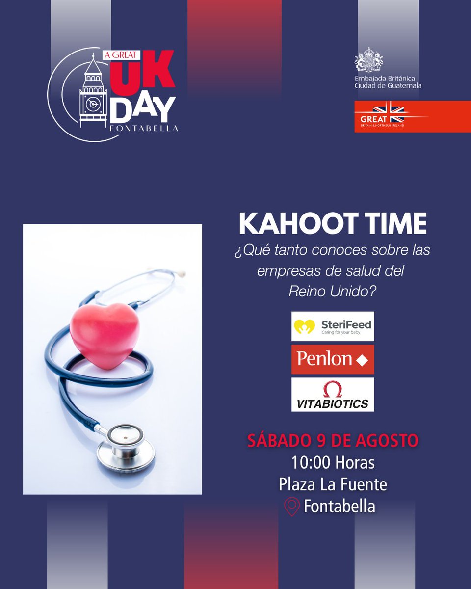 ¡Salud + Diversión = Kahoot Time! 💊
¿Sabías que 🇬🇧 es líder en innovación médica? 💉 Este sábado 9 de agosto, pon a prueba tus conocimientos sobre empresas como Penlon, SteriFeed y Vitabiotics.
🕙 10:00 AM | 📍@plazafontabella zona 10
¡No faltes al #AGreatUKDay! ✨