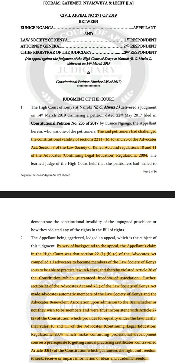 KensonMutethia's tweet image. CoA has upheld Mwita's Judgment that dismissed a Non-Advocate's Petition that challenged the mandatory requirement for Advocates to be members of LSK and to obtain CPD points before renewing their PCs.CoA agrees with the HC that the regulation of the profession is constitutional.