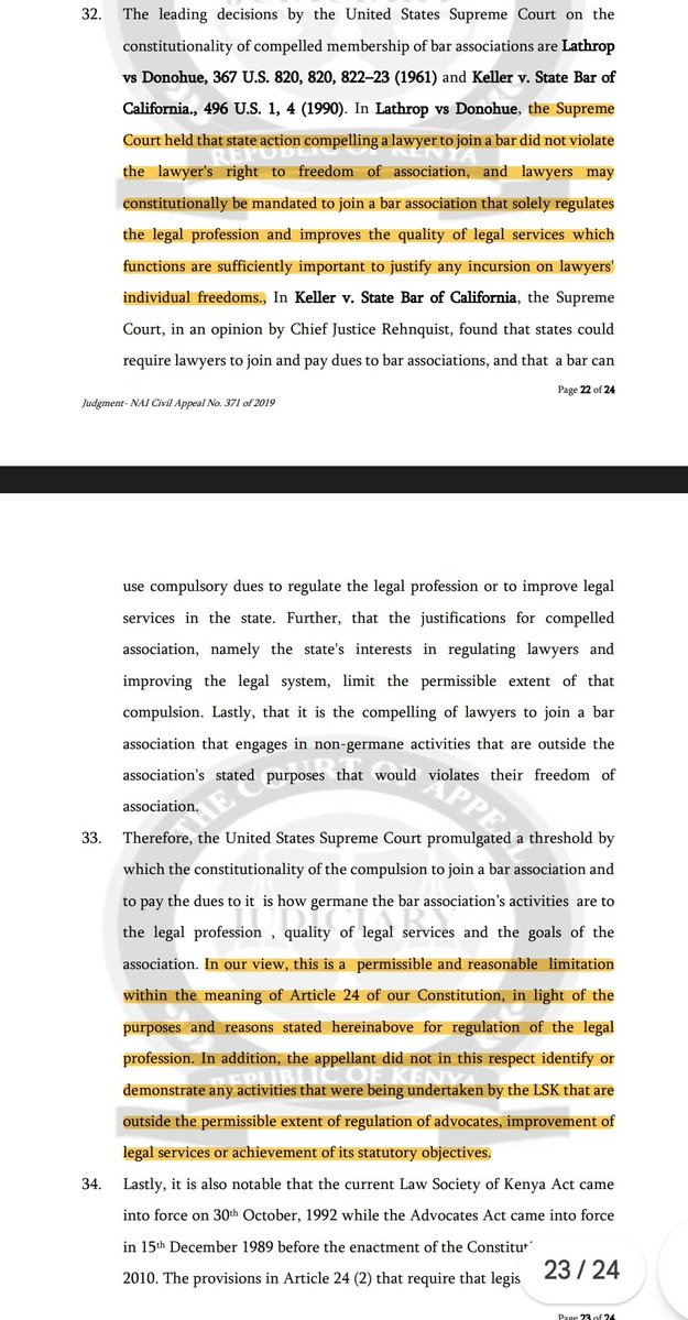 KensonMutethia's tweet image. CoA has upheld Mwita's Judgment that dismissed a Non-Advocate's Petition that challenged the mandatory requirement for Advocates to be members of LSK and to obtain CPD points before renewing their PCs.CoA agrees with the HC that the regulation of the profession is constitutional.
