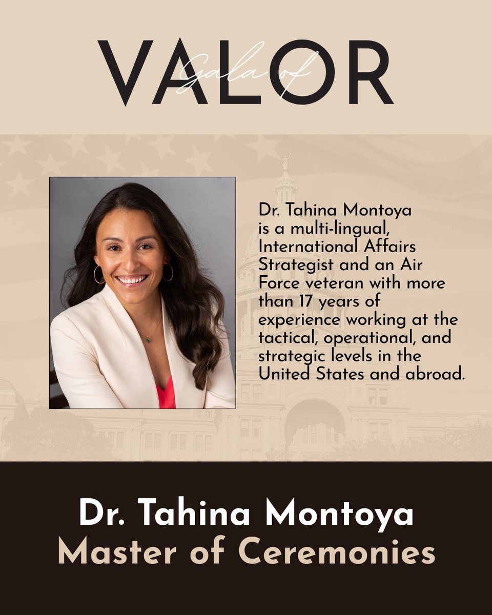 Burnpit360's tweet image. 🎉 ANNOUNCEMENT: Dr. Tahina Montoya has agreed to be our Master of Ceremonies!
Dr. Tahina Montoya is a multilingual International Affairs Strategist, Air Force veteran, and experienced national security leader with over 17 years of service at tactical, operational, and strategic…