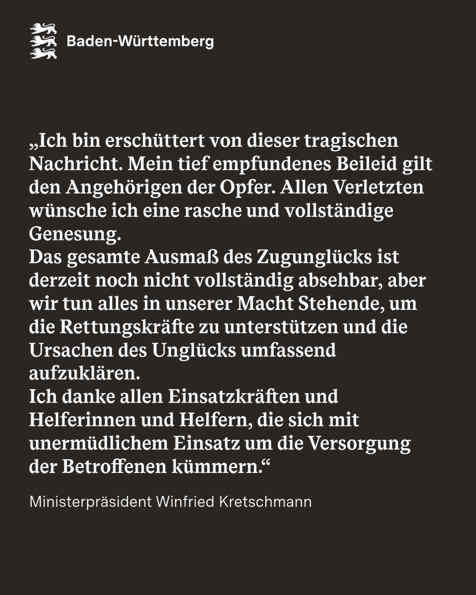 „Ich bin erschüttert von dieser tragischen Nachricht. Mein tief empfundenes Beileid gilt den Angehörigen der Opfer.“ - Ministerpräsident Winfried #Kretschmann nach dem schweren #Zugunglück bei #Riedlingen 

#BadenWürttemberg #Zugunglück #Biberach