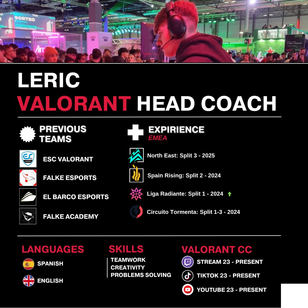 🔶 Free Agent again after my run with <a href="/esc_valorant/">Nicht ESC Valorant</a> in VCL North//East 💫

🔸Looking as HC, AC or Analyst for VCL / EMEA Masters
🔸 Able to relocate to any region 🌍🌎🌏
🔸 Fluent in 🇬🇧 🇪🇸

🔹 References: <a href="/Taber_PJ/">Taber</a> <a href="/Malun_Managment/">Malun</a> 
📩 Contact me via DM

V &amp; RT ♻️= Appreciate it