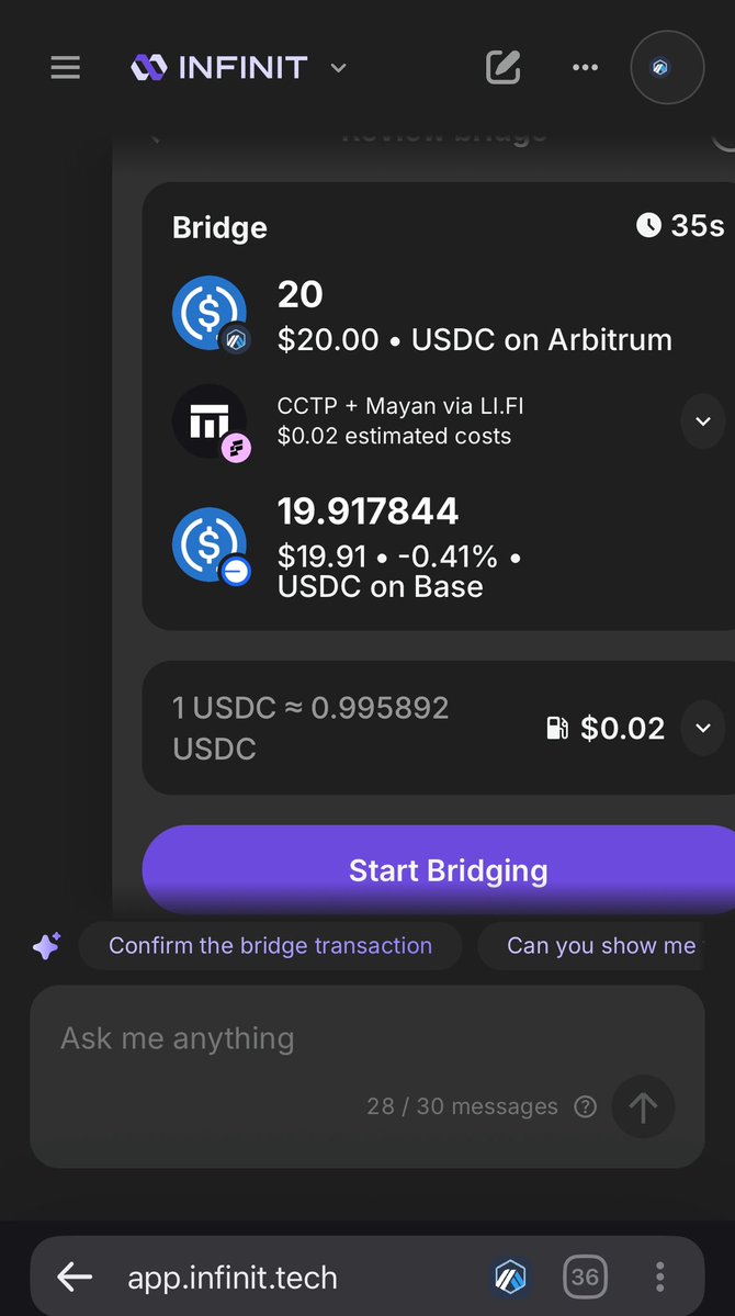 web3ammie's tweet image. Proof of interaction on @infinit_labs ✅
Just bridged 20 USDC from Arbitrum to Base using the Infinit platform and its very smooth and gas-efficient.
Infinit makes cross-chain execution feel native.
No clunky UX. No delays. Just seamless intent-driven bridging.
This is what…